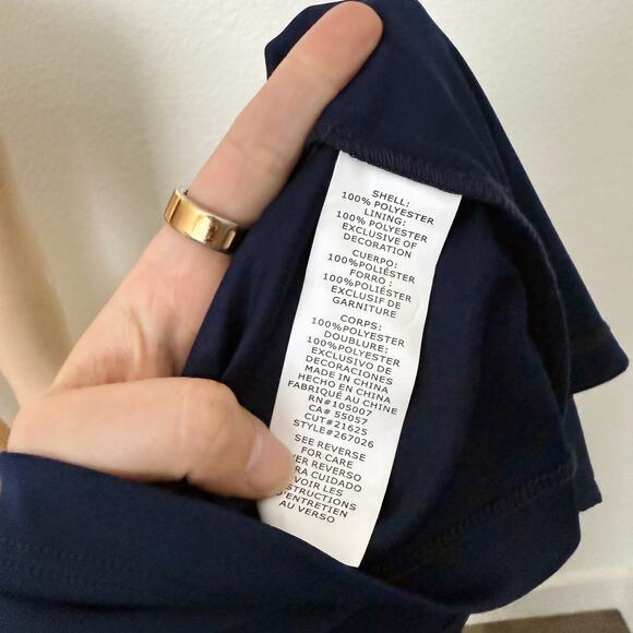 [Marina] Navy Blue Chiffon V-Neck Faux Wrap Brooch Balloon Sleeve Midi Dress 12 - Picture 11 of 11